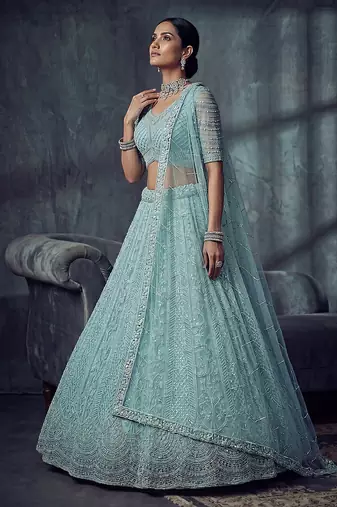 Blue Designer Embroidery With Hand Work Net Semi Stitched Lehenga Set