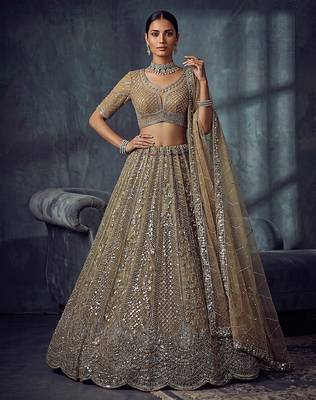 Gold Designer Embroidery With Hand Work Net Semi Stitched Lehenga Set 2
