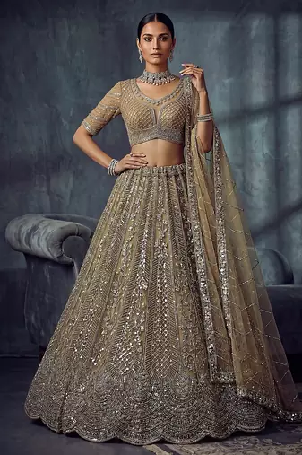 Gold Designer Embroidery With Hand Work Net Semi Stitched Lehenga Set