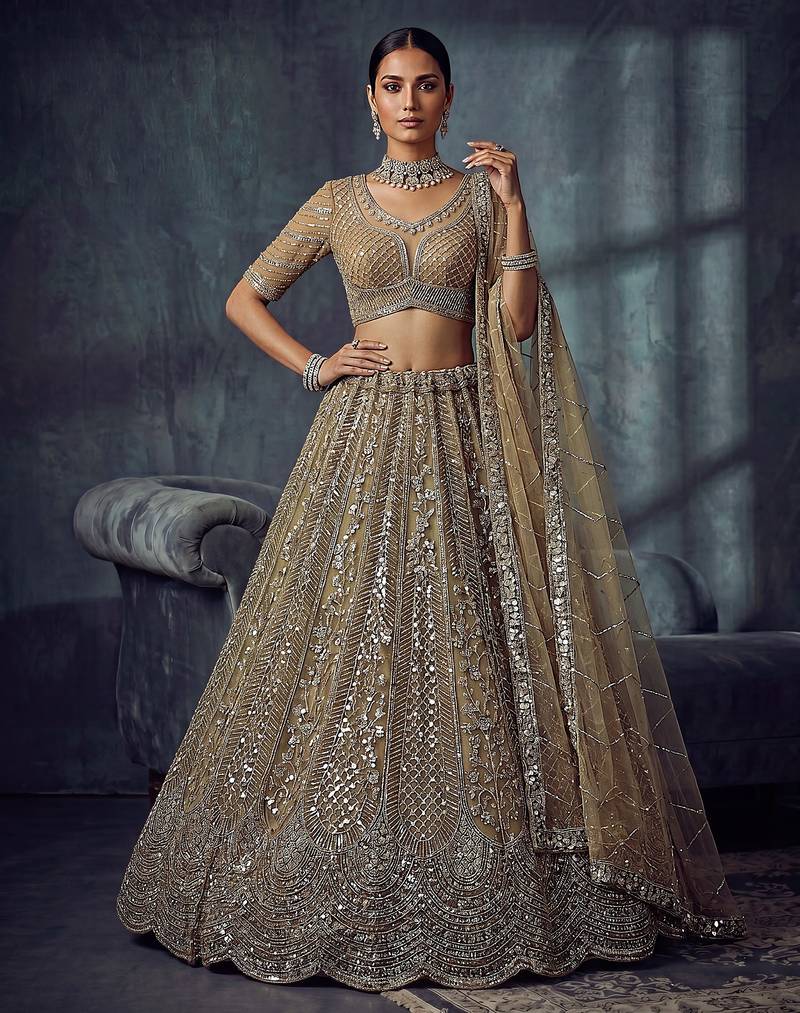 Gold Designer Embroidery With Hand Work Net Semi Stitched Lehenga Set