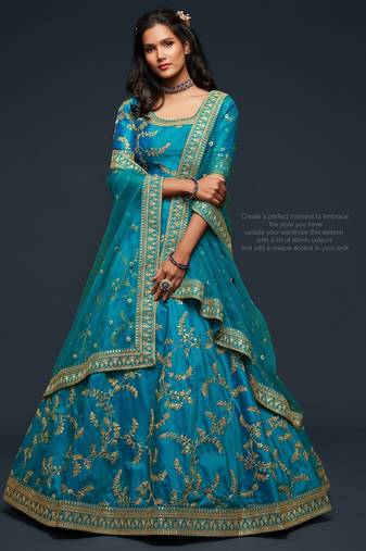 Blue Thread Embroidered & Sequins Silk Blend Semi Stitched Lehenga Set