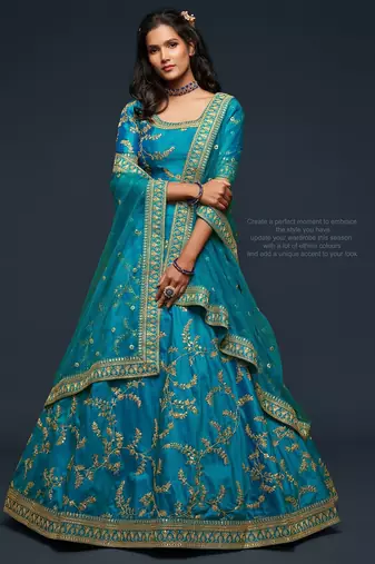 Blue Thread Embroidered & Sequins Silk Blend Semi Stitched Lehenga Set