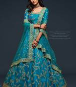 Blue Thread Embroidered & Sequins Silk Blend Semi Stitched Lehenga Set