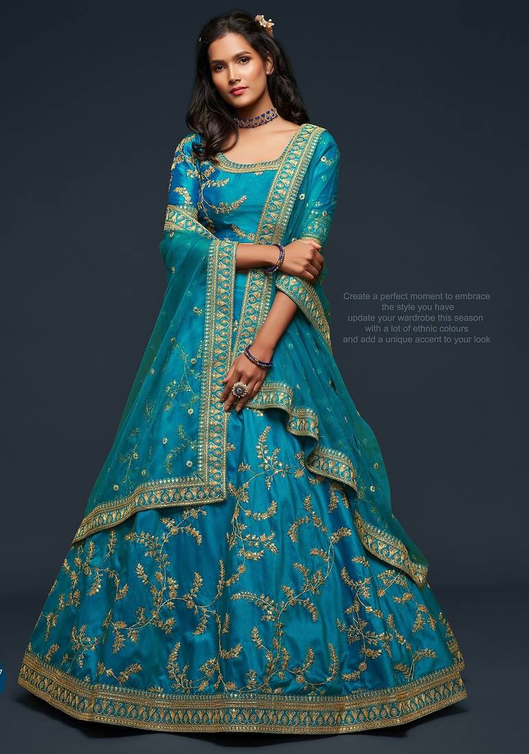 Blue Thread Embroidered & Sequins Silk Blend Semi Stitched Lehenga Set