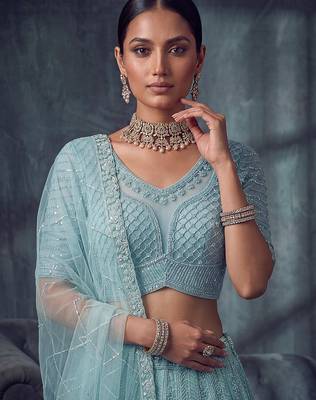 Blue Designer Embroidery With Hand Work Net Semi Stitched Lehenga Set 4