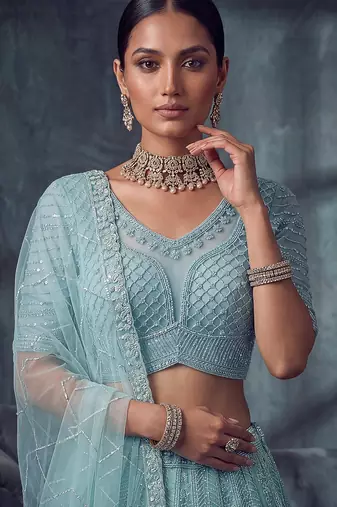 Blue Designer Embroidery With Hand Work Net Semi Stitched Lehenga Set
