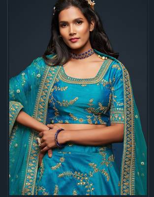 Blue Thread Embroidered & Sequins Silk Blend Semi Stitched Lehenga Set 2