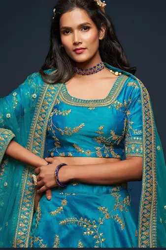 Blue Thread Embroidered & Sequins Silk Blend Semi Stitched Lehenga Set