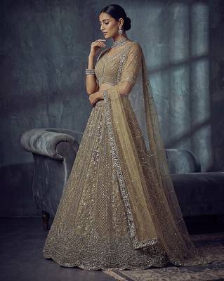 Gold Designer Embroidery With Hand Work Net Semi Stitched Lehenga Set 3