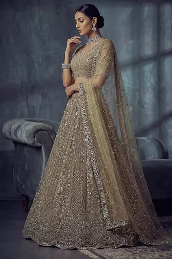 Gold Designer Embroidery With Hand Work Net Semi Stitched Lehenga Set