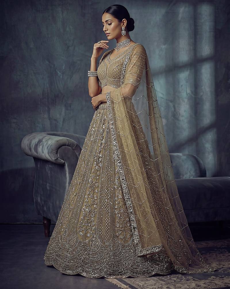 Gold Designer Embroidery With Hand Work Net Semi Stitched Lehenga Set