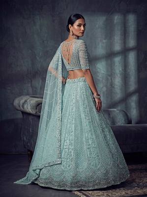 Blue Designer Embroidery With Hand Work Net Semi Stitched Lehenga Set 5