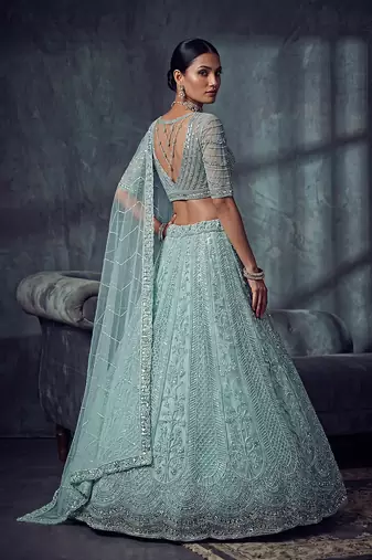 Blue Designer Embroidery With Hand Work Net Semi Stitched Lehenga Set