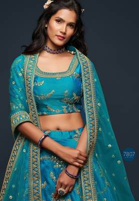 Blue Thread Embroidered & Sequins Silk Blend Semi Stitched Lehenga Set 3