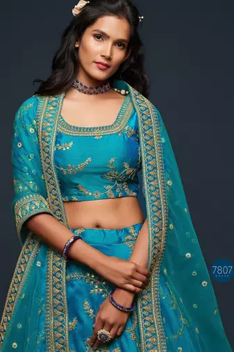 Blue Thread Embroidered & Sequins Silk Blend Semi Stitched Lehenga Set