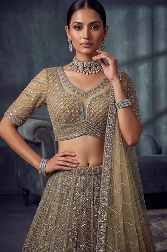 Gold Designer Embroidery With Hand Work Net Semi Stitched Lehenga Set