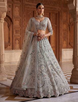 Blue Designer Embroidery With Hand Work Net Semi Stitched Lehenga Set 1