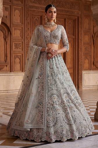 Blue Designer Embroidery With Hand Work Net Semi Stitched Lehenga Set