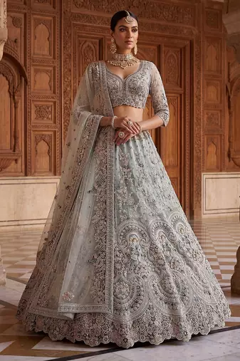 Blue Designer Embroidery With Hand Work Net Semi Stitched Lehenga Set