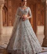 Blue Designer Embroidery With Hand Work Net Semi Stitched Lehenga Set