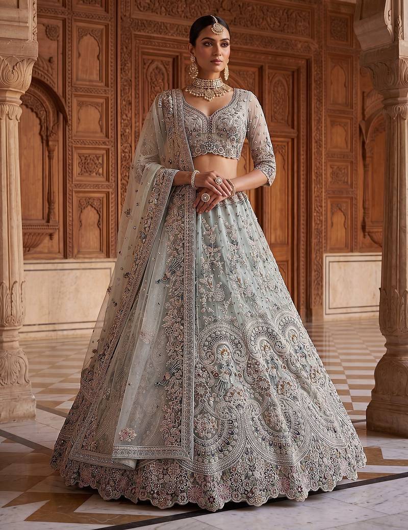 Blue Designer Embroidery With Hand Work Net Semi Stitched Lehenga Set