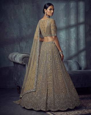 Gold Designer Embroidery With Hand Work Net Semi Stitched Lehenga Set 5