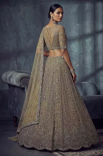 Gold Designer Embroidery With Hand Work Net Semi Stitched Lehenga Set