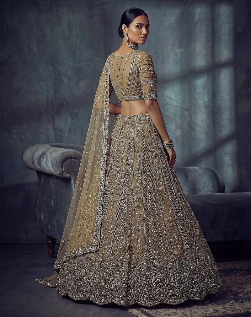 Gold Designer Embroidery With Hand Work Net Semi Stitched Lehenga Set