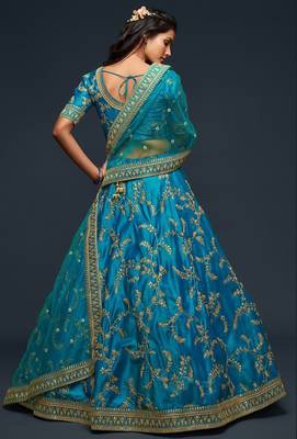 Blue Thread Embroidered & Sequins Silk Blend Semi Stitched Lehenga Set 4