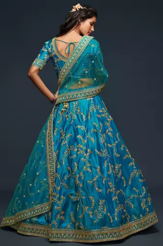 Blue Thread Embroidered & Sequins Silk Blend Semi Stitched Lehenga Set