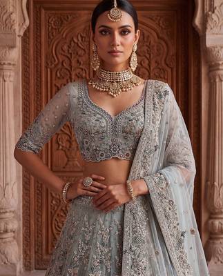 Blue Designer Embroidery With Hand Work Net Semi Stitched Lehenga Set 2