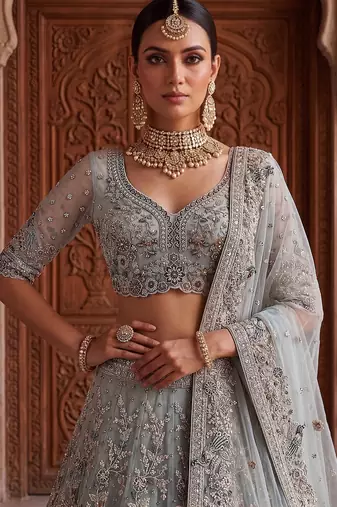 Blue Designer Embroidery With Hand Work Net Semi Stitched Lehenga Set