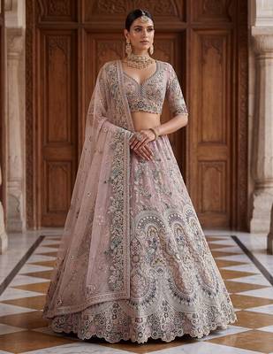 Pink Designer Embroidery With Hand Work Net Semi Stitched Lehenga Set 1