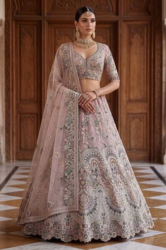Pink Designer Embroidery With Hand Work Net Semi Stitched Lehenga Set
