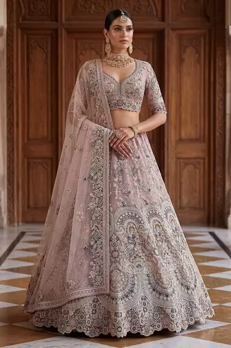 Pink Designer Embroidery With Hand Work Net Semi Stitched Lehenga Set