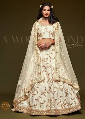 Off White Thread Embroidered & Sequins Silk Blend Semi Stitched Lehenga Set 1