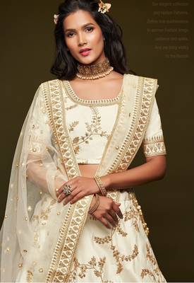 Off White Thread Embroidered & Sequins Silk Blend Semi Stitched Lehenga Set 2