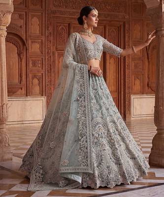 Blue Designer Embroidery With Hand Work Net Semi Stitched Lehenga Set 3
