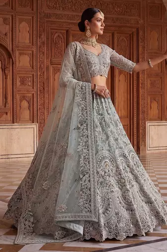 Blue Designer Embroidery With Hand Work Net Semi Stitched Lehenga Set