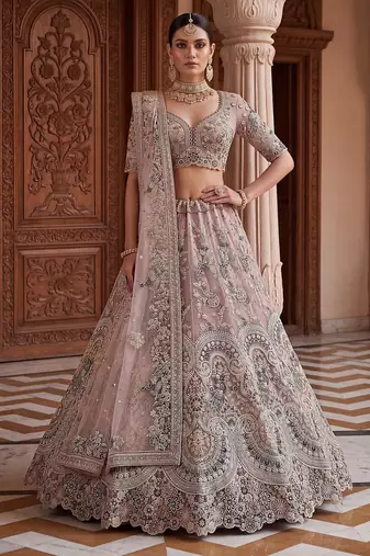 Pink Designer Embroidery With Hand Work Net Semi Stitched Lehenga Set