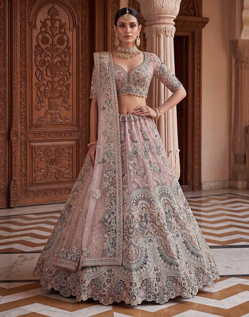 Pink Designer Embroidery With Hand Work Net Semi Stitched Lehenga Set