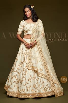 Off White Thread Embroidered & Sequins Silk Blend Semi Stitched Lehenga Set 3