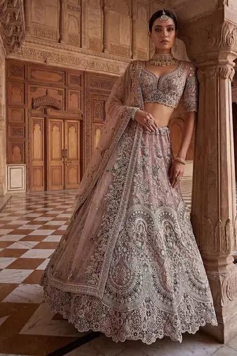 Pink Designer Embroidery With Hand Work Net Semi Stitched Lehenga Set