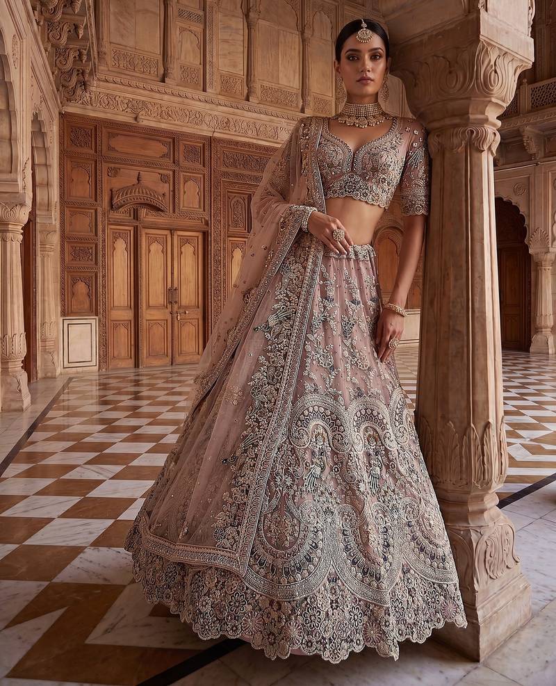 Pink Designer Embroidery With Hand Work Net Semi Stitched Lehenga Set