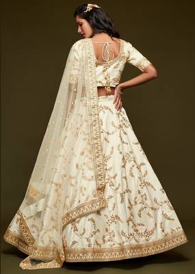 Off White Thread Embroidered & Sequins Silk Blend Semi Stitched Lehenga Set 4