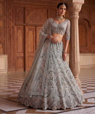 Blue Designer Embroidery With Hand Work Net Semi Stitched Lehenga Set 4