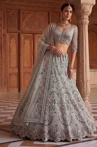 Blue Designer Embroidery With Hand Work Net Semi Stitched Lehenga Set