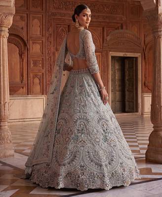Blue Designer Embroidery With Hand Work Net Semi Stitched Lehenga Set 5