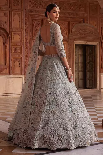 Blue Designer Embroidery With Hand Work Net Semi Stitched Lehenga Set