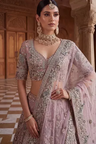 Pink Designer Embroidery With Hand Work Net Semi Stitched Lehenga Set